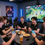 Exciting esports betting scene in Singapore, friends engaging in competitive betting with smartphones during a live match.