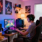 Engaged gamer enjoying a porn game in a cozy setting, complete with gaming accessories and vibrant LED lights.