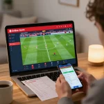 Person engaging in live sports betting on au88 during Liverpool vs Burnley match, smartphone in hand.