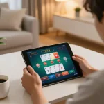 macan33 player intensely engaging in online blackjack on tablet in cozy home setting