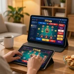 Engaging with the 777vip online casino experience on a tablet in a cozy home setting