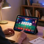 A person enjoying B52 online blackjack on a tablet at home with strategy notes visible.