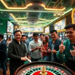 SBOBET sports betting scene with vibrant atmosphere, diverse players, and live sports displays.