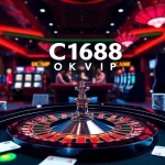Experience the excitement at C168 OKVIP casino with poker chips and a dazzling roulette wheel.