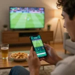 Soi kèo brazil betting in action, person excitedly placing a bet on smartphone at home.
