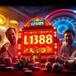 Winning players celebrate at the LEGO138 slot machine in a vibrant casino atmosphere.