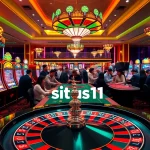 Situs11 casino scene showcasing vibrant slot machines and poker tables with enthusiastic players.