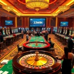 Experience the thrill of 33win with gamblers enjoying high-stakes games in a luxurious casino atmosphere.