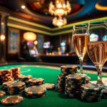 Situs Judi Bola showcases an elegant casino environment with betting slips and poker chips.