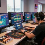 Engaging in NK88 online betting, a player uses a laptop for live dealer games in a stylish home office.