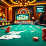Experience the thrill of 58WIN Com with a glamorous casino setup showcasing vibrant chips and sleek gaming tables.