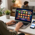 Engaging gameplay at Free No Deposit Casinos featuring colorful slots on a laptop, set in a cozy home.