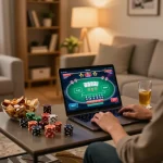 C168 player enjoying poker game on laptop in a cozy home setup, reflecting responsible gaming.