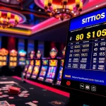 Players checking RTP Slot statistics at a vibrant casino table filled with slot machines.