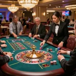 Engage with the thrilling links 모음 as players place bets at a roulette table in a vibrant casino atmosphere.