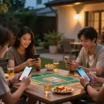 Tai xiu online gameplay with friends in a casual outdoor setting, engaging and enjoyable atmosphere.