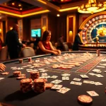 Exciting kkwin poker table action surrounded by enthusiastic players at a luxury casino.