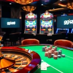 Experience thrilling gameplay at gg88.cn.com with vibrant casino tables, poker chips, and roulette wheels in a luxurious setting.