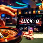 Experience LUCK8 with exciting online gambling elements like cards and chips.
