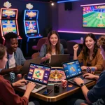 Alev Casino güvenilir mi? players excitedly enjoying vibrant casino games in a lively, secure environment.