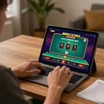 G28 user enjoying blackjack on a tablet at home with cozy warm lighting and strategy notes