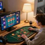 Engaged player enjoying online casino games on open88 platform with a stylish setup and cozy ambiance