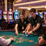 Players enjoying games at BL555 online casino with vibrant lights and friendly dealers.