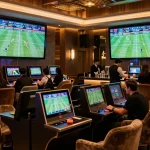 Watch patrons at sports betting lounge engaging with screens at https://rr88.select/ for thrilling live betting.