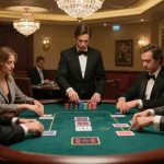 Engaging players at rikvip poker table, chips stacked high, and strategic gameplay in luxurious casino setting.