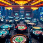 SODO-themed casino interior featuring roulette and poker games, illuminated ambience, and excited gamblers.