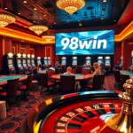 High-energy casino scene with poker tables and vibrant 98win slot machines.