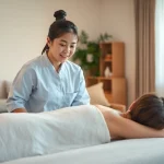 Enjoying a relaxing 오산출장마사지 at home with a professional therapist in a serene setting.