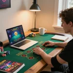 Engaged player using laptop for cm88 online gaming strategy at home, showcasing excitement and strategy.