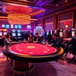 PEN4D gaming experience showcasing a luxurious casino with vibrant slot machines and a poker table.