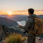 Traveler at a scenic viewpoint during sunset, embodying the spirit of Fly88.