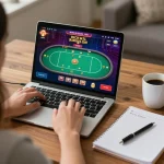 Engaging in poker gameplay at home using 789bet online casino platform with strategy notes.