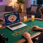 Live dealer roulette game on a laptop screen, player focusing on 88aa excitement at home.