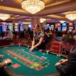 VT88 players celebrating a win at a roulette table in a bustling Las Vegas casino atmosphere.