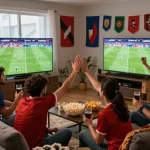 Cakhia TV fans excitedly watching a live football match in a cozy living room.