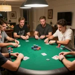 Players enjoying poker night with cm88-themed chips and cards at a cozy home setting.
