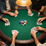 Players strategizing at a home poker game with 100 cuci chips and cards on the table.