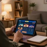 Engaging gameplay on nk88 app in a cozy living room, showcasing responsible online gambling.