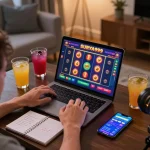 Pemain fokus pada permainan slot SURYA999 di laptop sambil menikmati minuman dan mencatat strategi