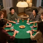 Sahabat menikmati malam poker di rumah, menunjukkan permainan strategis di meja bersama di https://www.theshackok.com/.