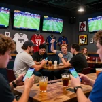 Fans engaging in sports betting with debet apps and live game analysis in vibrant sportsbook.