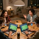 Friends excitedly placing bets on Bongdalu while enjoying a casual sports night