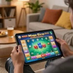 Playing Mega Sicbo on a tablet in a cozy home setting, vibrant game interface visible