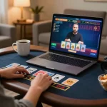 Player enjoying ta88's live dealer game on a laptop in a cozy home setup with coffee and snacks
