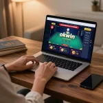 Engaging in the okwin game with a sleek laptop during a cozy home gaming session
