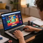 Engaged player using the 8XBET app for online gambling at home, showcasing strategic gameplay.